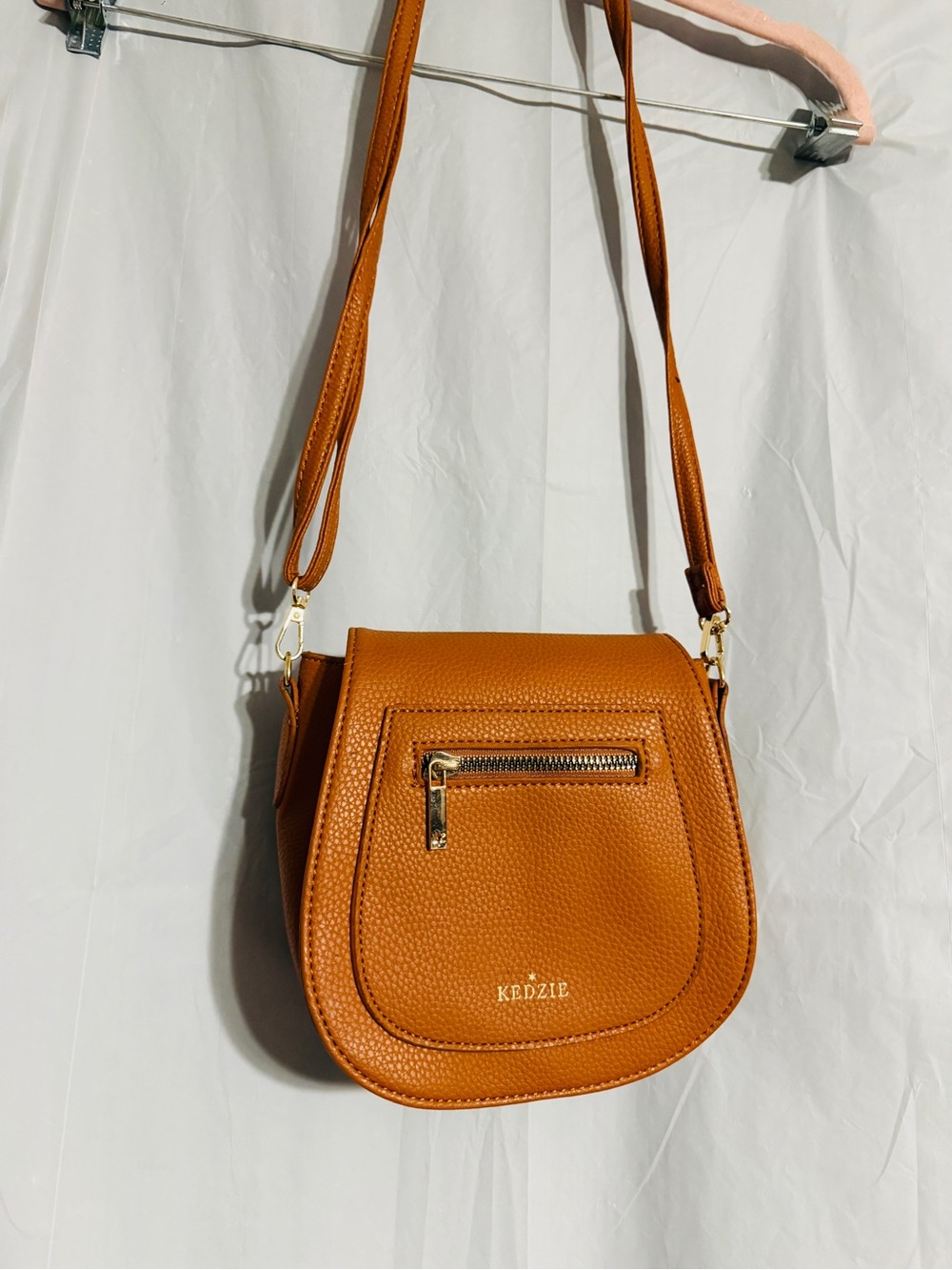 Kedzie Cognac Brown Saddle Crossbody Bag Pebbled Faux Leather Gold Hardware